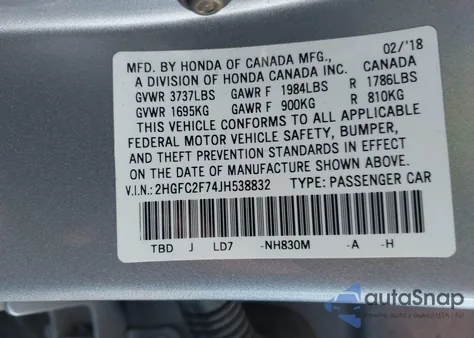 2018 Honda Civic Ex from USA, damaged, VIN 2HGFC2F74JH538832